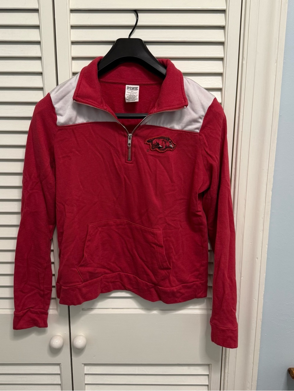 Victoria's Secret Red Quarter-Zip Pullover with white Shoulder Yoke